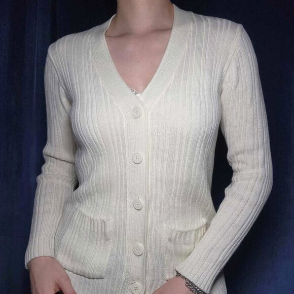 Vintage cream knit button-up cardigan with tiny pockets from Sears - Picture 1 of 13